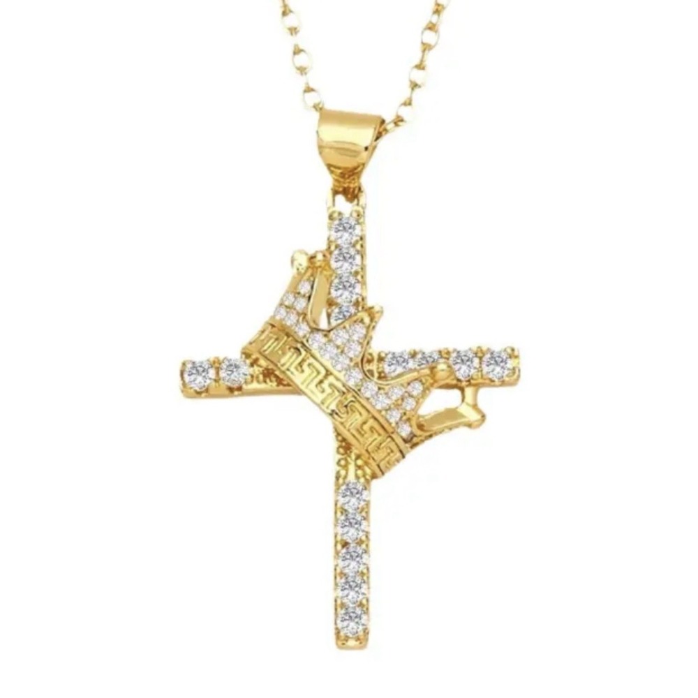 (2) Gold Tone Cross Crown Pendant Necklace with Crystals on Cable Chain